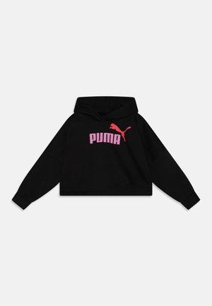 Mustat lyhyet hupparit, jotka on valmistettu pehmeästä kankaasta, etupuolella vaaleanpunainen "PUMA" -logo ja symboli, hupulliset ja pitkät hihat.