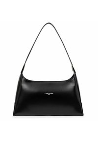 Borsa a tracolla nera in pelle con una texture liscia, forma curva e un'unica tracolla. Presenta un logo argento "Lancaster Paris" sulla parte anteriore.