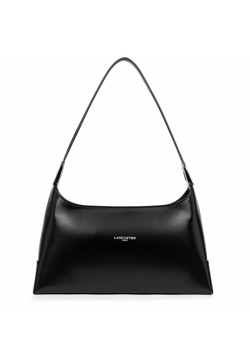 Borsa a tracolla nera in pelle con una texture liscia, forma curva e un'unica tracolla. Presenta un logo argento "Lancaster Paris" sulla parte anteriore.