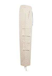 Beige cargo bukser med et mønstret design, der har flere sidelommer, en elastisk talje og blå snøre detaljer.