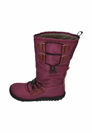 Purple fabric boot with a soft fur lining. Features elastic laces, two leather straps, and a rubber sole for traction.