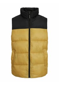 Chaleco acolchado con un panel superior negro y una sección inferior amarilla. Cuenta con un alto cuello y un cierre delantero. Tiene dos bolsillos laterales integrados.