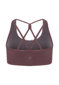 Bordeauxfarbener Sport-BH mit glatter Textur, der ein einzigartiges Kreuz-Rücken-Design und ein dezentes Logo-Detail auf der Vorderseite aufweist.
