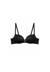 Black underwire bra with smooth, molded cups, adjustable straps, and a hook-and-eye closure at the back. Simple design and sleek texture.
