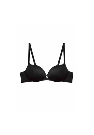 Schwarzer Unterbrust-BH mit glatten, geformten Cups, verstellbaren Trägern und einem Haken- und Ösenverschluss auf der Rückseite. Einfaches Design und elegante Textur.