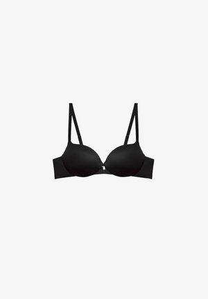Schwarzer Unterbrust-BH mit glatten, geformten Cups, verstellbaren Trägern und einem Haken- und Ösenverschluss auf der Rückseite. Einfaches Design und elegante Textur.