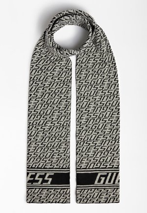 Schwarzer und grauer Strickschal mit wiederholtem "GUESS"-Textmuster und größeren "GUESS"-Schriftzügen nahe beiden Enden.