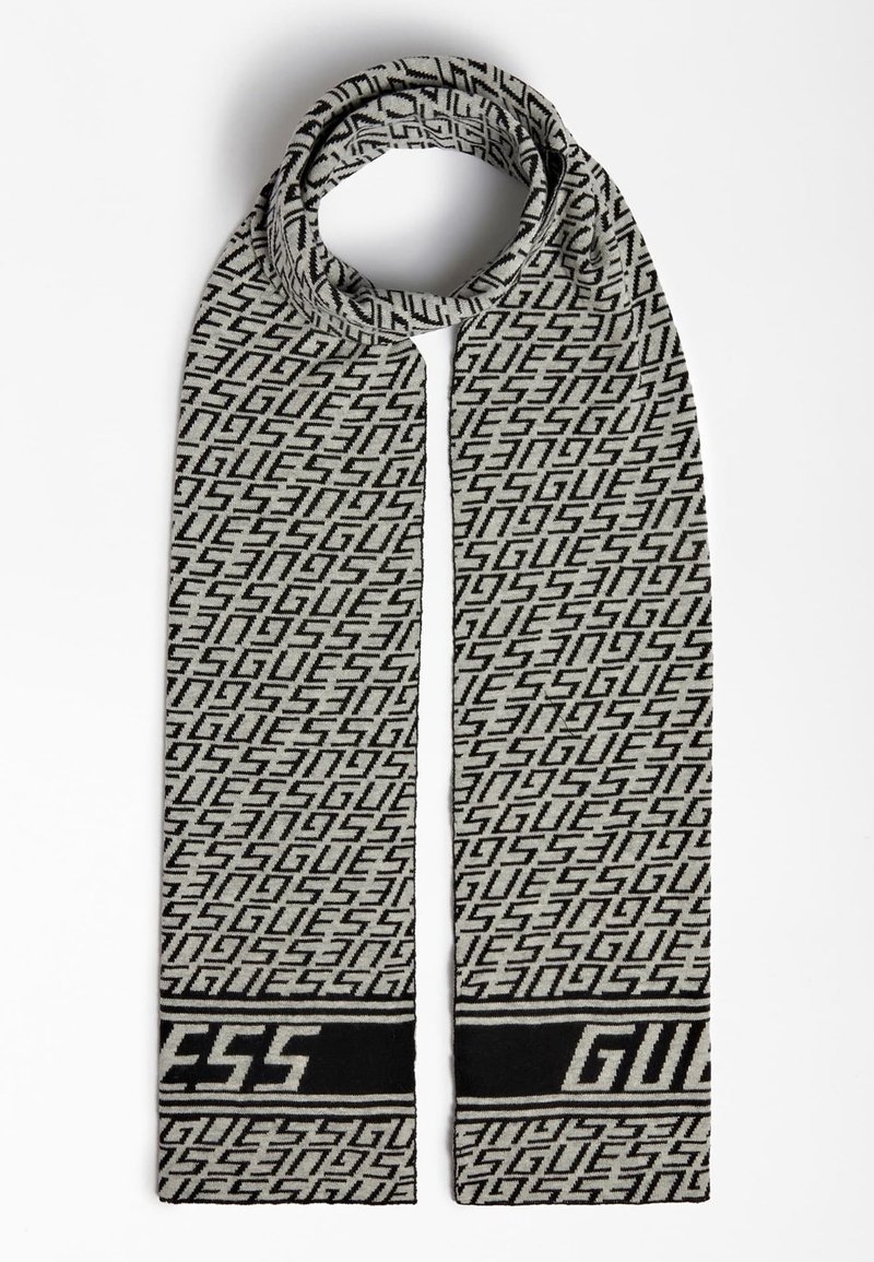 Schwarzer und grauer Strickschal mit wiederholtem "GUESS"-Textmuster und größeren "GUESS"-Schriftzügen nahe beiden Enden.