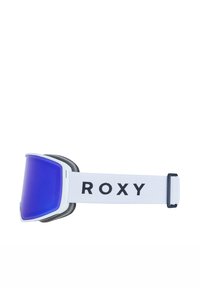 Skibril met een wit montuur en paarse spiegellens. Heeft een zachte zwarte schuimlaag aan de binnenkant en een verstelbare band met het "ROXY"-logo.