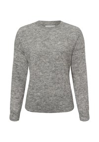 Grå genser laget av myk strikket materiale, med rund hals og lange ermer, med en lett teksturert, melert utseende.