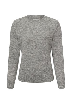 Gray sweater made of soft knit material, featuring a round neckline and long sleeves, with a slightly textured, heathered appearance.