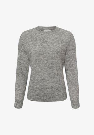 Szary sweter z długim rękawem wykonany na drutach, z okrągłym dekoltem, ściągaczami na mankietach i u dołu, prezentowany na białym tle.