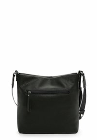Black leather crossbody bag with a textured finish, featuring a front zipper pocket and a detachable strap.