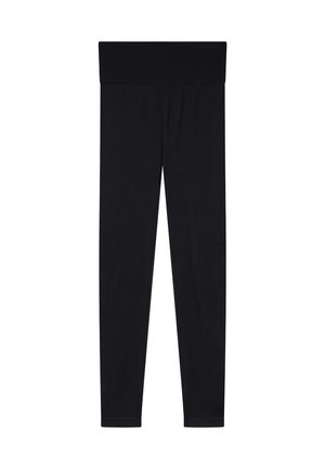 Leggings neri realizzati in materiale elastico con una larga vita elasticizzata e una texture liscia, caratterizzati da un design aderente e senza fantasie.