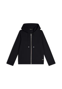 Sudadera con capucha negra de tela suave, con cremallera completa en el frente, dos bolsillos laterales y acentos decorativos perforados en los puños.