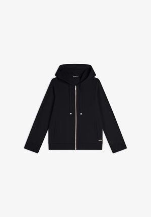 Sweatshirt à capuche noire en tissu doux, avec une fermeture éclair sur le devant, deux poches latérales et des accents perforés décoratifs aux poignets.