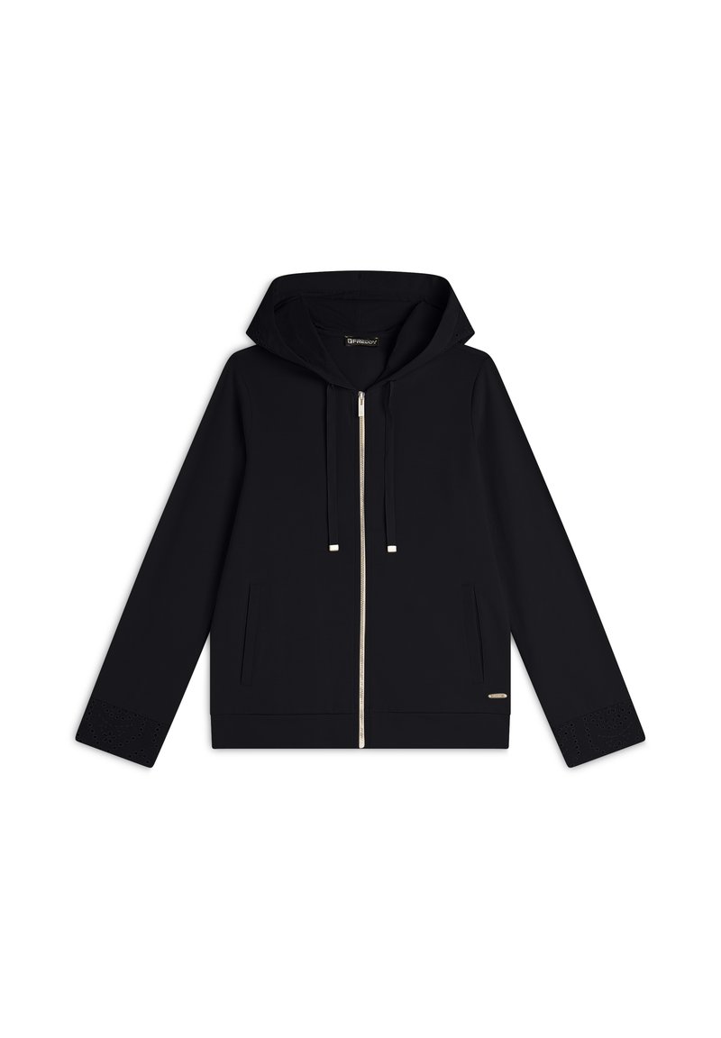 Sudadera con capucha negra de tela suave, con cremallera completa en el frente, dos bolsillos laterales y acentos decorativos perforados en los puños.