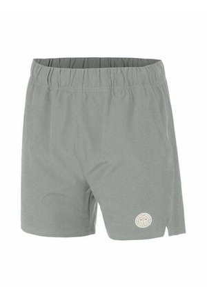 Hellgraue sportliche Shorts mit elastischem Bund und kleinem rundem Markenlogo nahe dem unteren Saum am linken Bein.