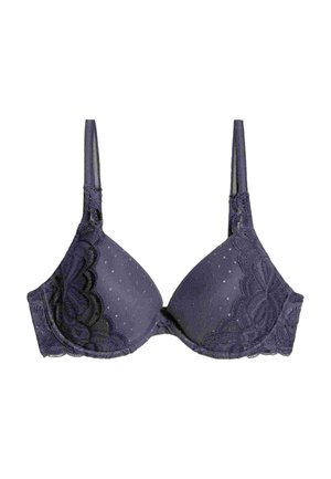 Lila Spitzen-BH mit gepunktetem Muster, Unterstüzung durch Bügel, verstellbaren Trägern und aufwendigen schwarzen Spitzenverzierungen entlang der Ränder.