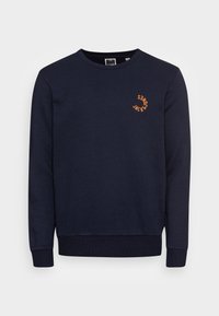 Sudadera azul marino de tela suave, con cuello redondo, puños acanalados y un logo bordado en naranja en el pecho.