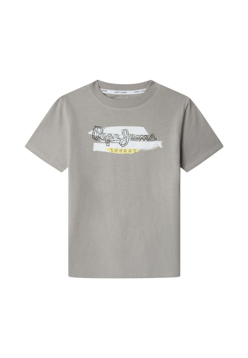 Grå bomulds t-shirt med rund hals, korte ærmer og et frontprint af "Pepe Jeans London" i hvid og sort med en gul accent.