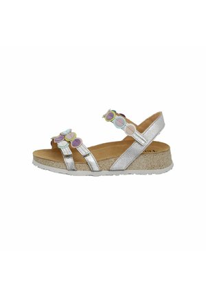 Silver metallic sandals with a cork wedge sole, featuring multicolored circular accents on straps and a textured footbed.