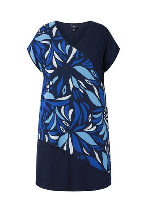Laivastonsininen polvipituinen mekko, jossa on V-aukko, lyhyet hihat ja etuosassa sinivalkoinen diagonaalinen abstrakti lehtikuvio.