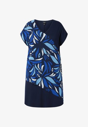 Laivastonsininen polvipituinen mekko, jossa on V-aukko, lyhyet hihat ja etuosassa sinivalkoinen diagonaalinen abstrakti lehtikuvio.