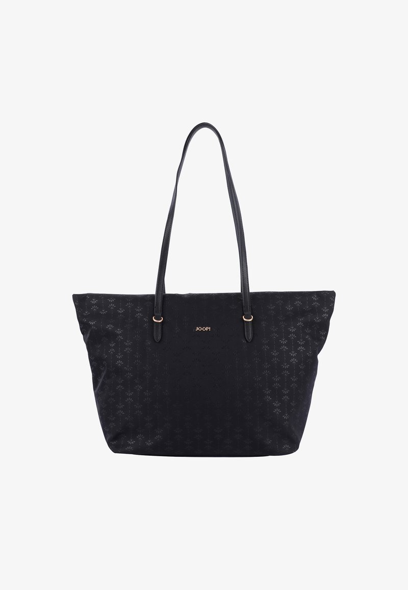 Sac fourre-tout noir avec un motif floral texturé, deux poignées solides et un détail logo doré à l'avant.