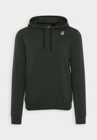 Felpa verde scuro con maniche lunghe, cappuccio e coulisse nera. Presenta un piccolo logo sul petto e polsini e orlo a costine.