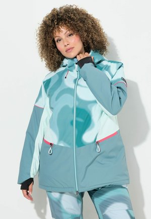 Teal- und Mint-farbenes, leichtes Jacket mit durchgehendem Reißverschluss, verstellbare Kapuze und kontrastierenden pinken Akzenten. Glatte Textur und oversized Passform.