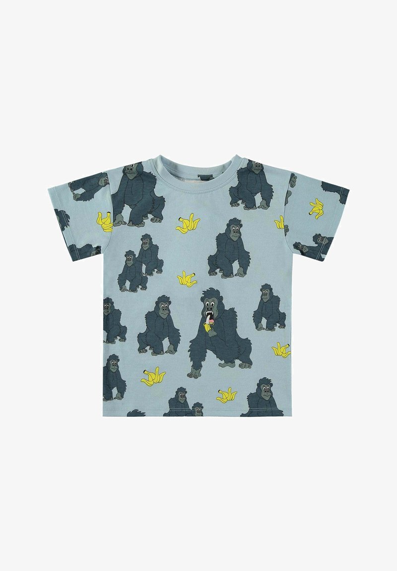 Blue short-sleeve t-shirt featuring an all-over print of black gorillas and yellow bananas. Made from soft fabric with a crew neckline.