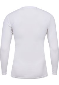 Camicia a maniche lunghe bianca, realizzata in tessuto morbido ed elastico. Dotata di scollo a girocollo e design aderente, senza motivi o decorazioni visibili.