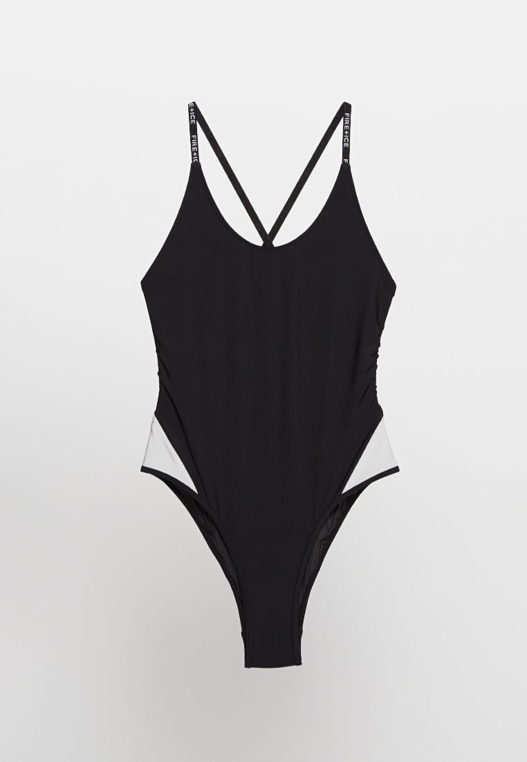 Maillot de bain une pièce noir avec de fines bretelles croisées et des panneaux en filet blanc sur les côtés.
