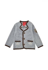 Graue Fleecejacke mit braunen Akzenten, rundem Kragen, fünf Knöpfen und zwei Fronttaschen mit gestickten Designs.