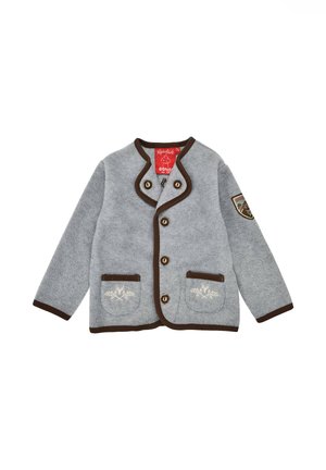 Graue Fleecejacke mit braunen Akzenten, rundem Kragen, fünf Knöpfen und zwei Fronttaschen mit gestickten Designs.
