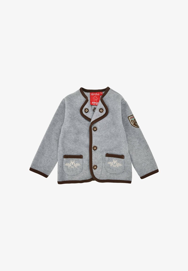 Graue Fleecejacke mit braunen Akzenten, rundem Kragen, fünf Knöpfen und zwei Fronttaschen mit gestickten Designs.