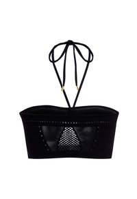 Svart bandeau-bikiniöverdel med en texturerad meshfront, justerbara band och accenter i guldton. Slätt tyg med utskärningar.