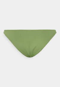 Parte de baixo de biquíni verde feita de material liso com um corte clássico. Apresenta bordas costuradas e um design minimalista. Sem padrões ou acabamentos.