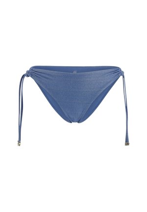 Blauwe bikinibroek met opgestikte zijkanten, verstelbare strikjes en metalen accenten. Gemaakt van een gladde stof met een lichte glansafwerking.