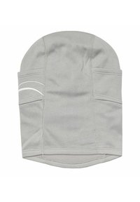 Gray beanie made of soft fabric, featuring a smooth texture and white stitching accents. Two side pockets for convenience.