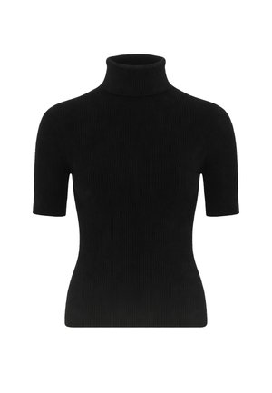 Black ribbed knit short-sleeve turtleneck sweater with fitted waist and high collar on a white background.
