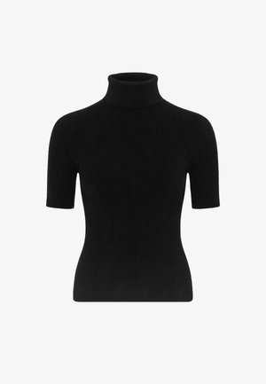 Black ribbed knit short-sleeve turtleneck sweater with fitted waist and high collar on a white background.