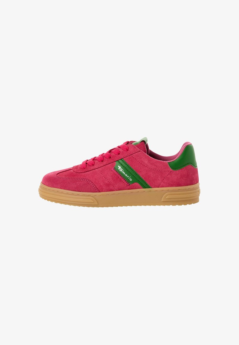 Pink suede sneakers with green accents, round toe, and gum rubber sole. Features textured panels and flat laces. Stylish athletic design.