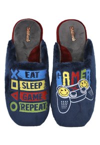 Zapatillas de felpa de color azul marino con acentos rojos, decoradas con la frase impresa "COMER DORMIR JUGAR REPETIR" y un diseño de controladora de videojuegos, que ofrecen un uso suave y cómodo.