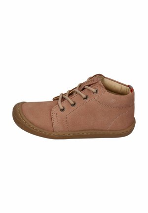 Tan leather high-top shoe with round toe, lace closure, contrasting stitching, and light brown rubber sole. Textured upper for grip.