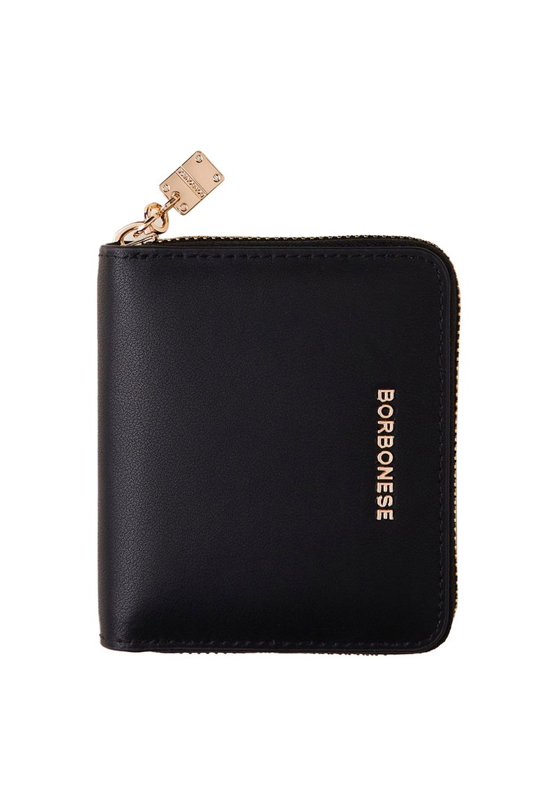 Black leather wallet with gold zipper and hardware, featuring embossed brand text "BORBONESSE" on the front and smooth texture.