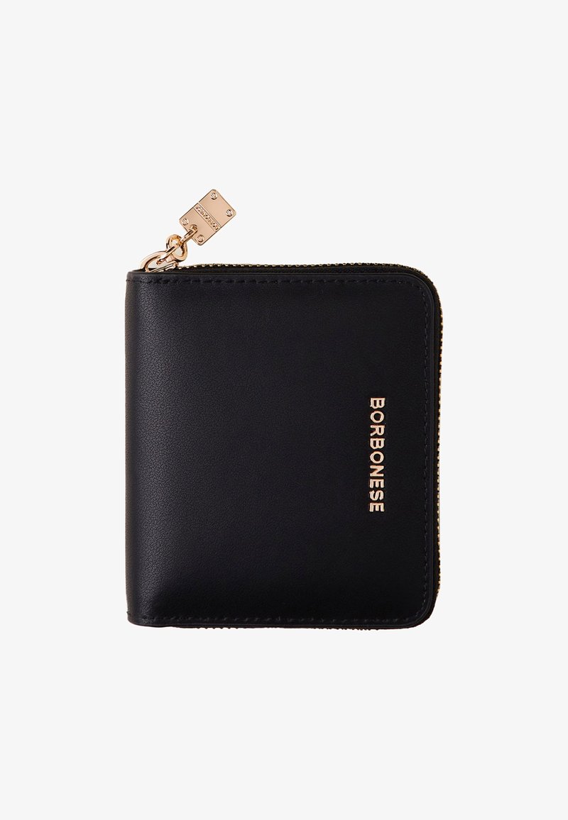 Black leather wallet with gold zipper and hardware, featuring embossed brand text "BORBONESSE" on the front and smooth texture.