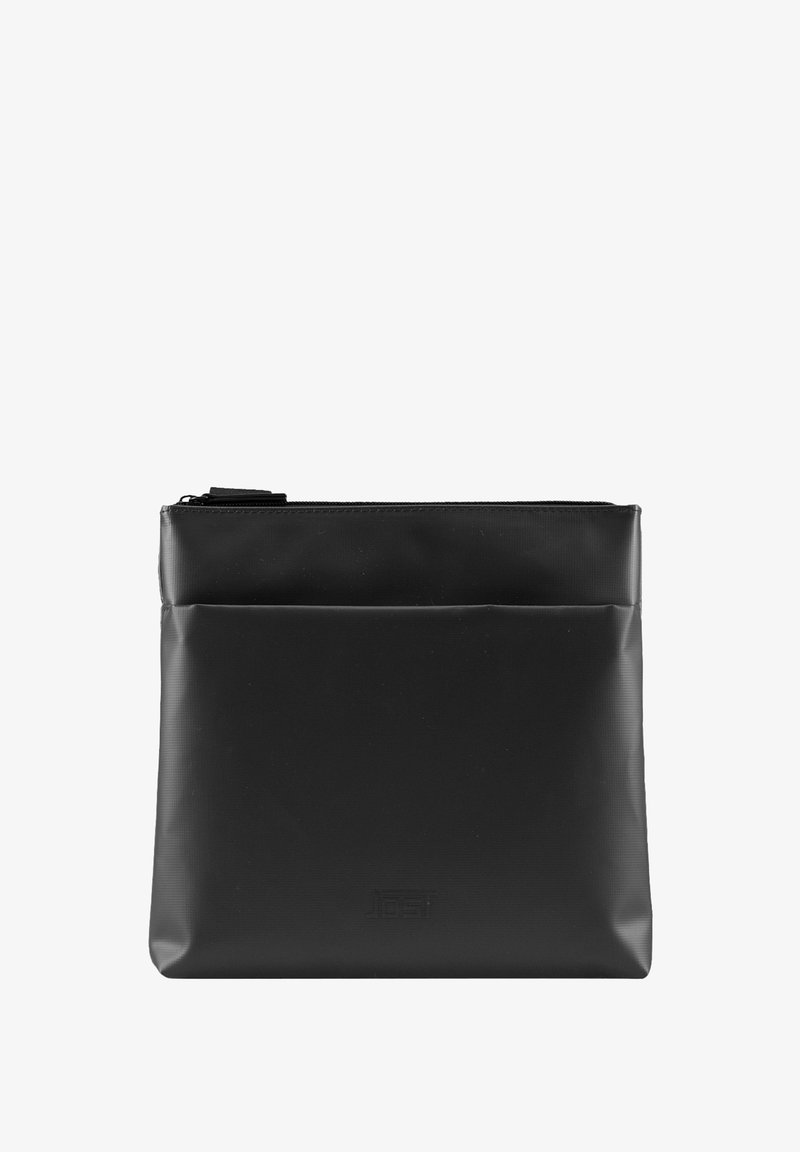 Schwarze Reißverschluss-Tasche aus glattem, strapazierfähigem Material. Verfügt über eine Vordertasche, rechteckige Form und ein minimalistisches Design mit eingeprägtem Logo.