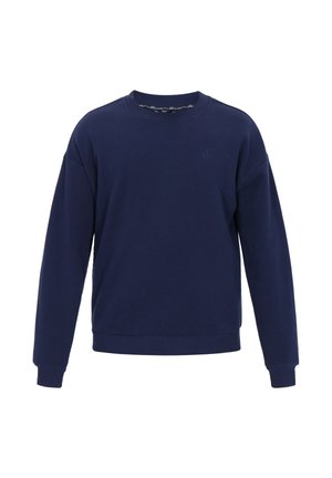 Navyblauwe sweatshirt gemaakt van zacht materiaal, met een ronde hals, verlengde schouders en geribbelde boorden aan mouwen en zoom. Subtiel logodetail op de borst.